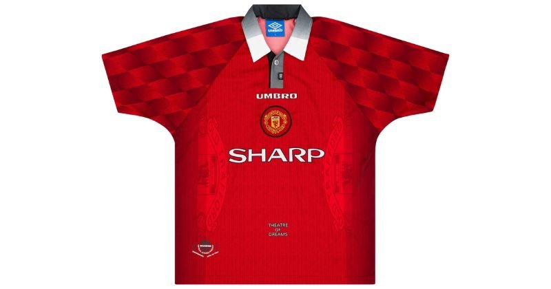 Manchester united home shirt from 1996-98 red umbro design with checkered sleeves and white collar